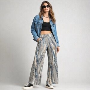 Clara Sun Woo Women's Snakeskin Print Pants Medium Stretch  Wide Leg Pockets